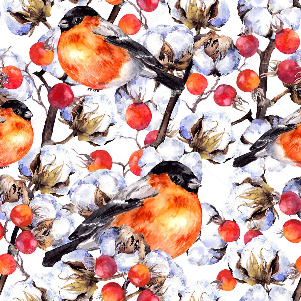 Cotton plant branches, red berries, winter finch birds. Repeating pattern. Watercolor