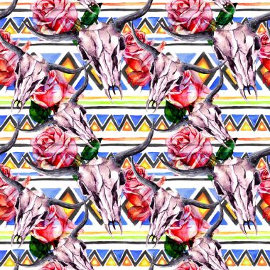 Kabile desen - hayvan kafatası. Modaya uygun bir aşiret tasarım ile sorunsuz arka plan. Suluboya