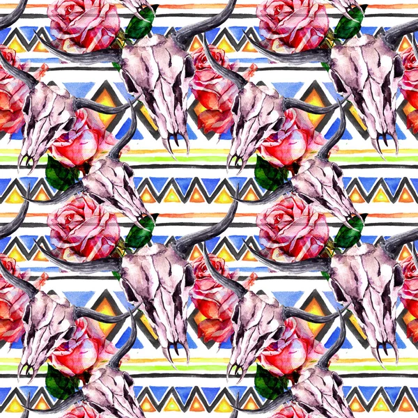 Kabile desen - hayvan kafatası. Modaya uygun bir aşiret tasarım ile sorunsuz arka plan. Suluboya