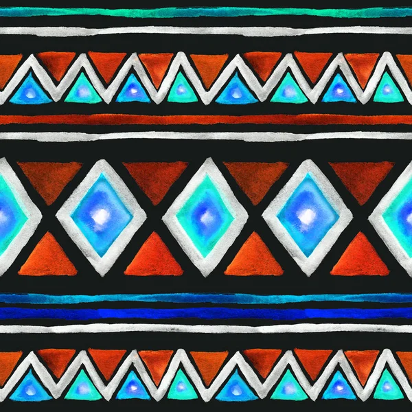 Patrón tribal. Fondo nativo sin costuras con ornamento tribal. Acuarela —  Fotos de Stock