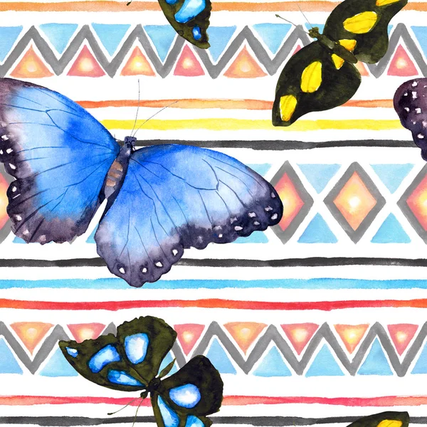 Geometric pattern with butterflies. Repeating pattern - decorative ornamental design. Watercolor — Stock Photo, Image