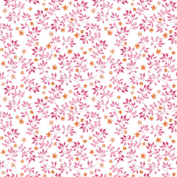 Seamless vintage pattern with watercolor pink leaves and retro tiny flowers. Watercolour — Stock Photo, Image