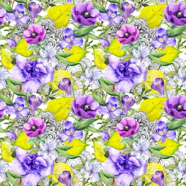 Sonbahar desen - çiçekler, sonbahar yaprakları, vintage tarzı süslü tasarım. Sorunsuz çiçek arka plan. Suluboya