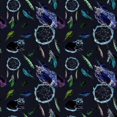 Tüyler, baykuş, kedi, dreamcatcher, siyah arka plan. Yinelenen desen