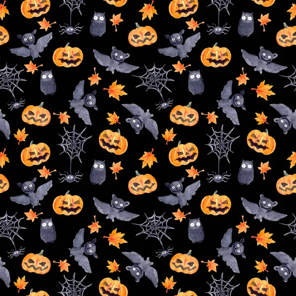 Halloween seamless pattern - pumpkin, bat, owl. Cute naive watercolor — Stock Photo, Image
