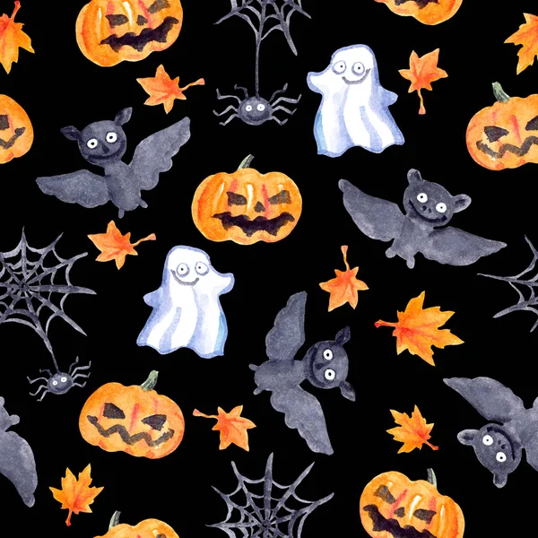 Modello senza cuciture di Halloween - zucca, pipistrello, fantasma, ragno. Acquerello carino — Foto Stock