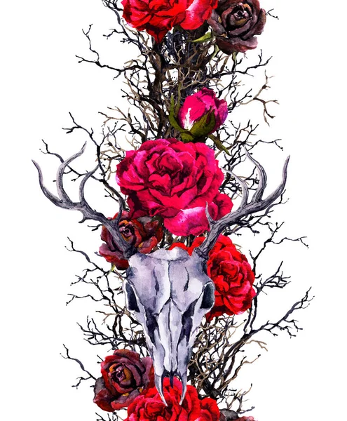 Deer animal skulls with rose flowers, branches. Seamless border frame. Watercolor — Stock Photo, Image