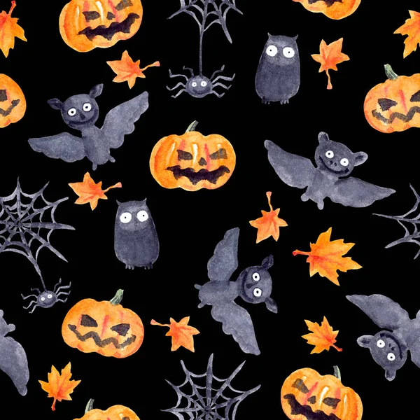 할로윈 완벽 한 패턴-호박, 박쥐, 올빼미. 귀여운 순 수채화 — 스톡 사진