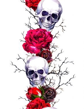 Gül çiçek, dalları ile insan kafatasları. Sorunsuz kenar çerçevelemek. Suluboya