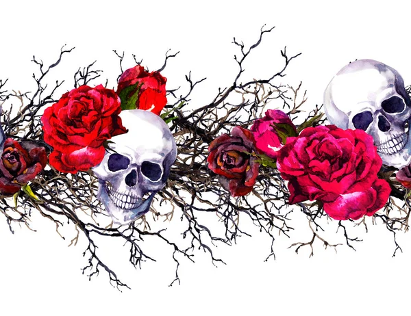 Crânios humanos com flores de rosas, ramos. Moldura de borda sem costura. Aquarela — Fotografia de Stock