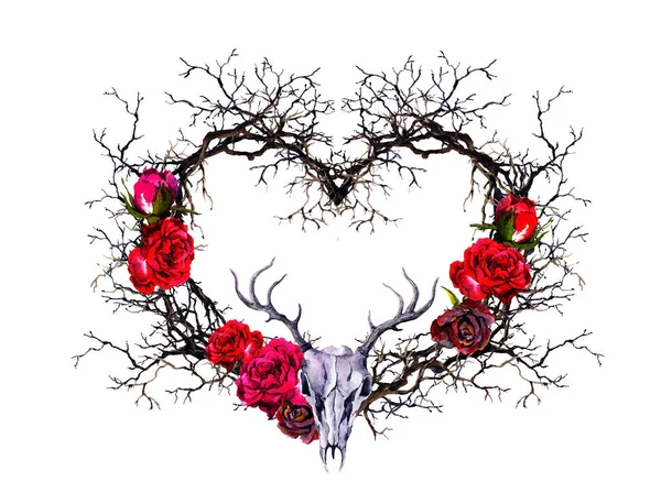 Kształt serca, zwierzęca czaszka jelenia. Oddziałów, różowe kwiaty. Akwarela, w stylu gotyckim — Zdjęcie stockowe