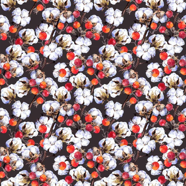 Baumwollpflanzenzweige, rote Beeren. sich wiederholendes Muster. Aquarell — Stockfoto