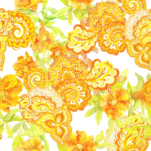 Repeating floral pattern. Decorative ornament - pomegranate flowers and paisley. Watercolor.