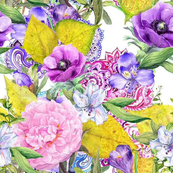 Blommig bakgrund - blommor, Höstlöv, dekorativa design i boho stil. Seamless mönster. Akvarell — Stockfoto