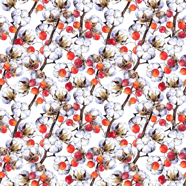 Cotton plant branches, red berries. Repeating pattern. Watercolor — Stock Photo, Image