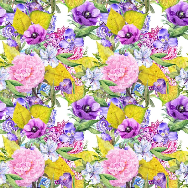 Çiçek arka plan - çiçekler, sonbahar yaprakları, boho tarzı Doğu süsleme. Seamless modeli. Suluboya