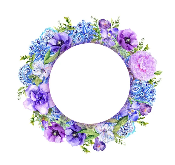 Flores e ornamento, coroa floral, borda redonda. Aquarela no estilo boho hippy para cartão vintage — Fotografia de Stock