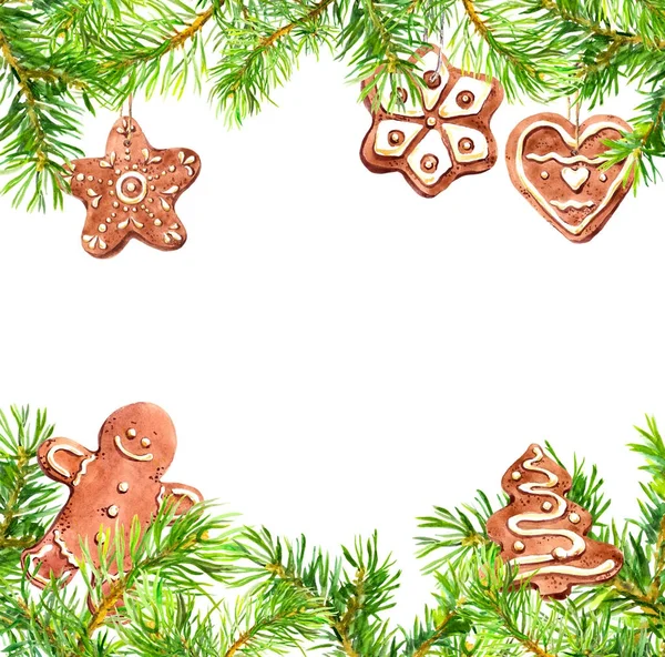 Kerstkoekjes, speculaaspop, conifer boom takken frame. Kerstkaart, lege leeg. Aquarel — Stockfoto