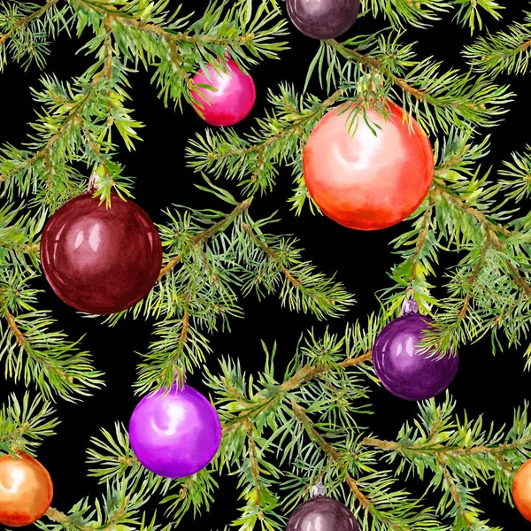 Christmas baubles and conifer branches. Repeating pattern for christmas design. Watercolor — Stock Photo, Image