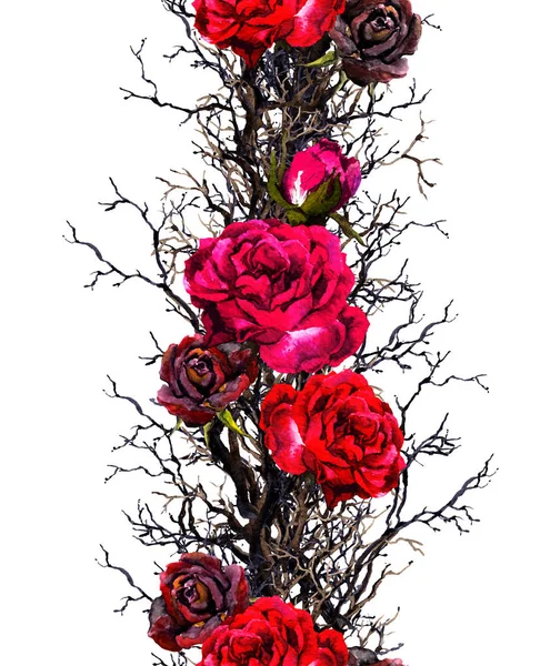 Fleurs roses, branches. Cadre frontalier sans couture. Aquarelle — Photo