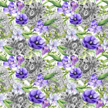 Çiçek antika arka plan - çiçek ve bohem tarzı bir dekor. Seamless modeli. Suluboya