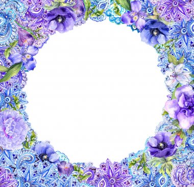 Çiçekler ve süsleme, çiçek çelenk çerçeve daire içine alın. Suluboya hippi boho tarzı moda kartı