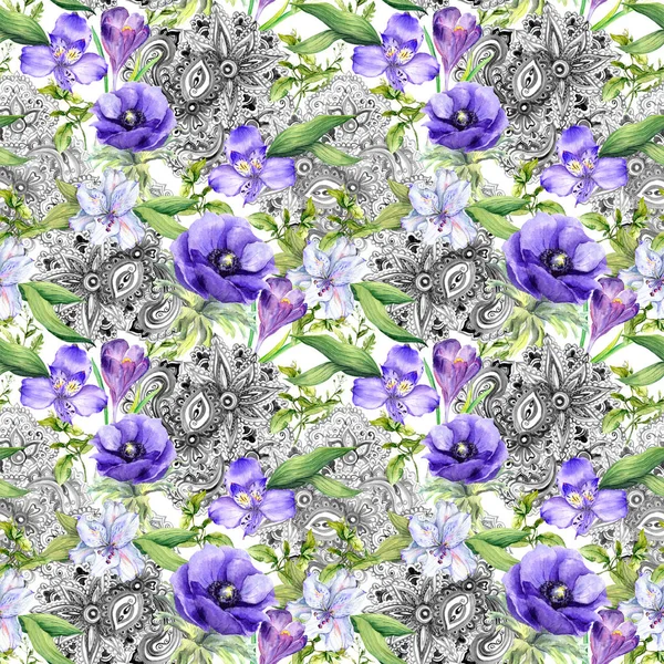 Vintage florale achtergrond - bloemen en dÃ © cor in bohemien stijl. Naadloze patroon. Aquarel — Stockfoto