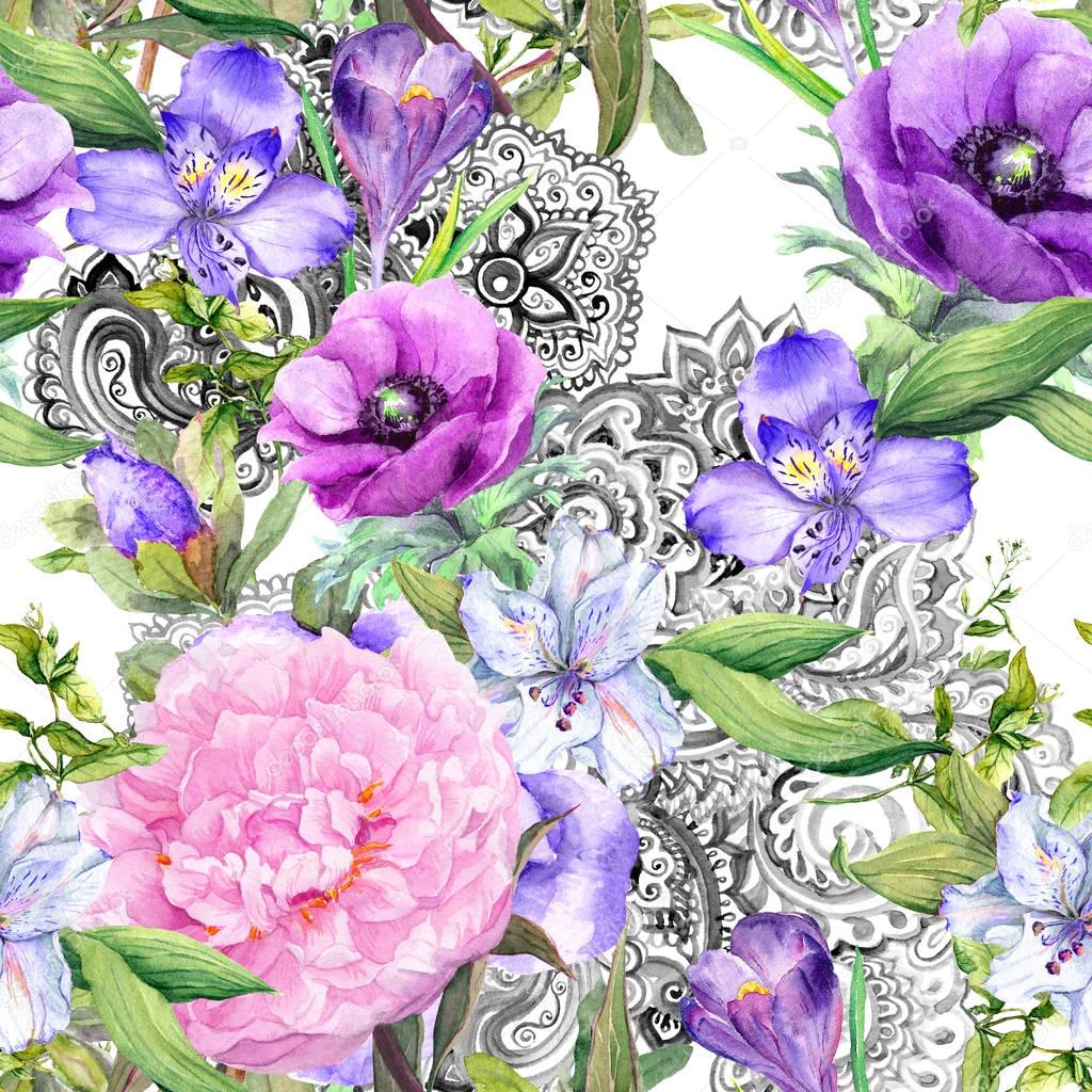 Floral vintage background - flowers and decor in boho style. Seamless pattern. Watercolor