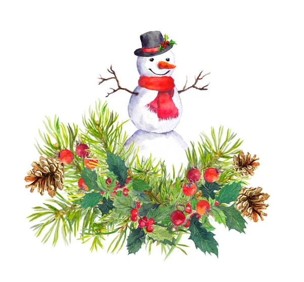 Snowman in top hat and red scarf, fir tree, mistletoe. Watercolor for new year or christmas card — Stock Photo, Image