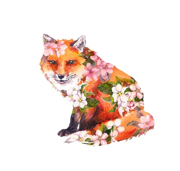 Cute fox animal in flowers. Watercolor — Stock Photo, Image