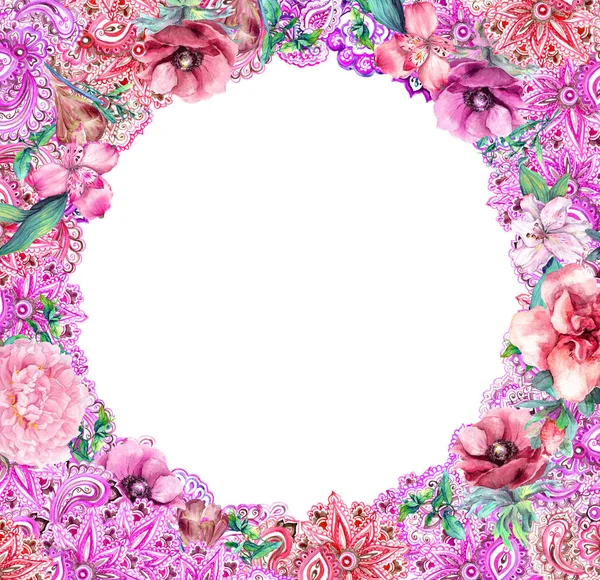 Fleurs et ornement, couronne florale, cadre circulaire. Aquarelle dans le style hippie boho pour carte de mode — Photo