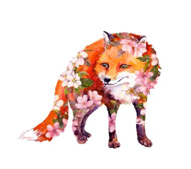 Çiçeklerdeki şirin tilki hayvanı. Suluboya