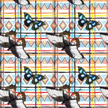 Kelebekler ile geometrik desen. Yinelenen desen - dekoratif süs tasarım. Suluboya