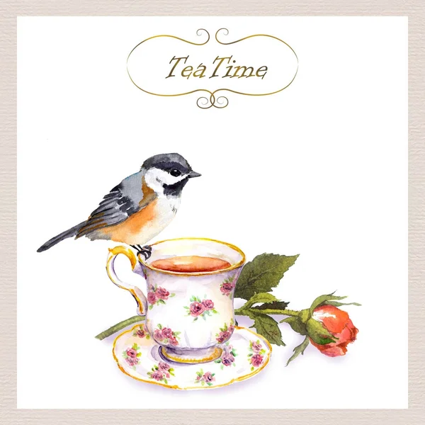 Carte tisane vintage avec oiseau aquarelle mignon, tasse à thé, fleur rose — Photo