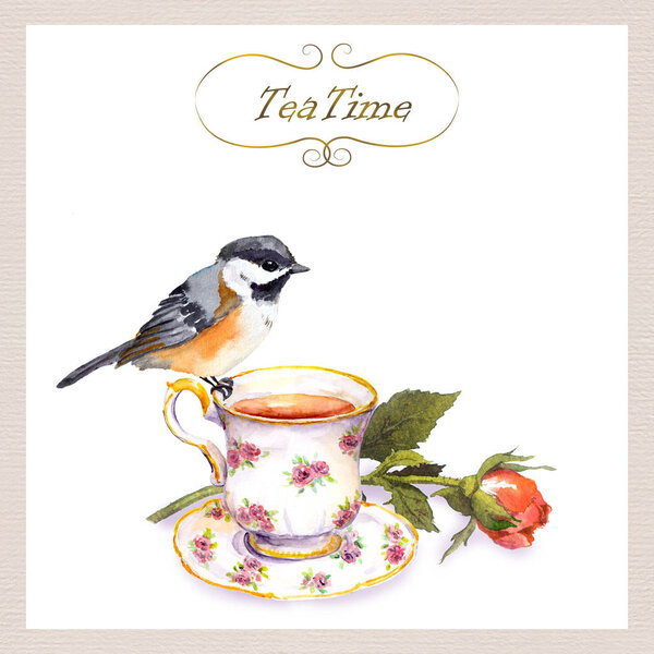 Vintage teatime card with cute watercolour bird, tea cup, rose flower