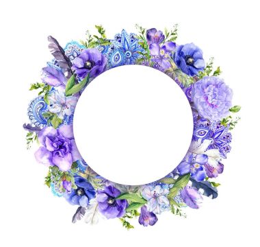 Çiçekler, tüyler, süs. Çiçek çelenk. Bohem boho tarzı suluboya kartı