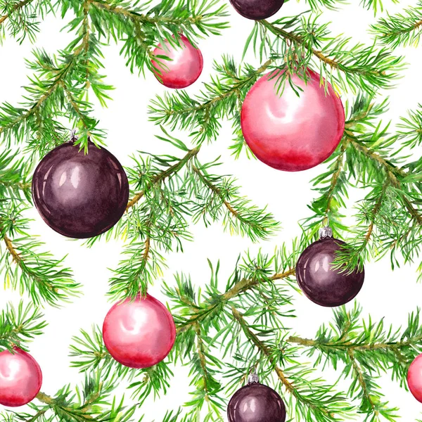 Christmas baubles, fir tree twigs. Seamless pattern for christmas design. Watercolor — Stock Photo, Image