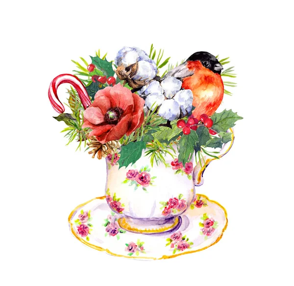 La taza de té de Navidad - el pájaro, el abeto, el muérdago, el algodón, el bastón de Año Nuevo. Acuarela vintage para la hora del té — Foto de Stock
