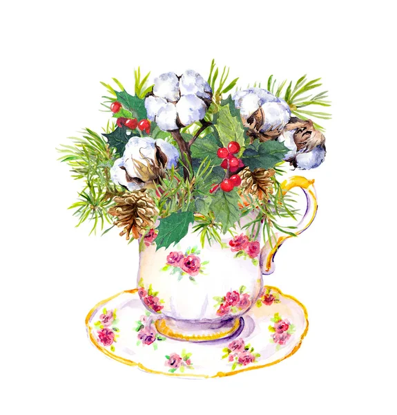 Christmas tea cup - christmas pine tree, mistletoe, winter cotton. Vintage watercolor card for tea time — Stock Photo, Image