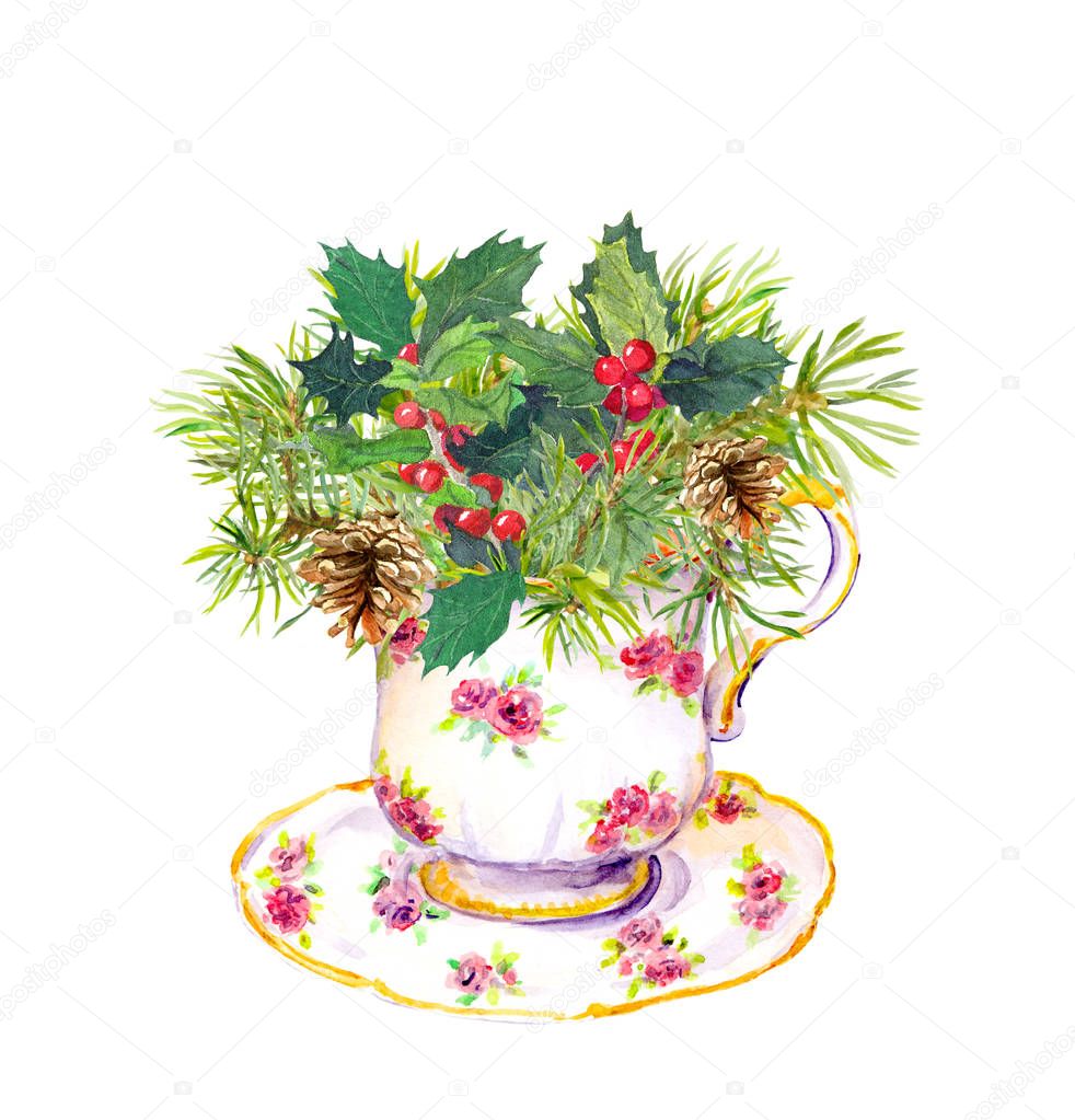 Christmas tea cup - christmas tree branches, mistletoe. New year watercolor for teaparty