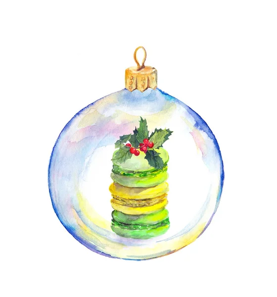 Transparent julgranskulor - holiday macaroon coockie och mistel. Akvarell — Stockfoto