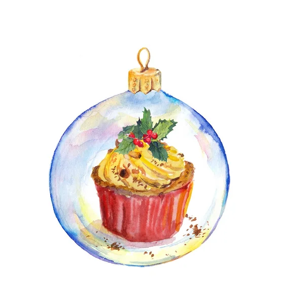 Transparent julgranskulor med holiday cupcake, mistel. Akvarell — Stockfoto