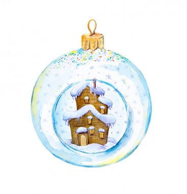 Küçük ev ve içinde kar yağışı ile sevimli Noel şeffaf biblo. Suluboya