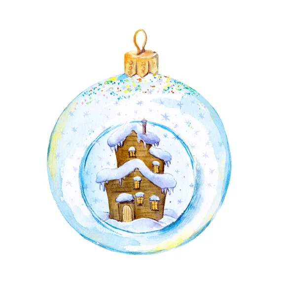 Χαριτωμένο Χριστούγεννα μπιχλιμπίδι διαφανή με μικρό σπίτι και χιονόπτωση στο εσωτερικό. Ακουαρέλα — Φωτογραφία Αρχείου