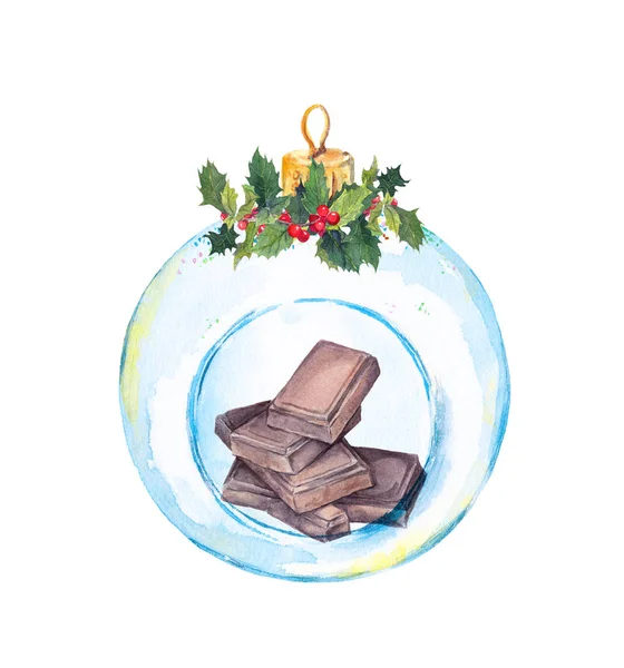 Bauble transparente de Natal - chocolate de férias e visco. Aquarela — Fotografia de Stock