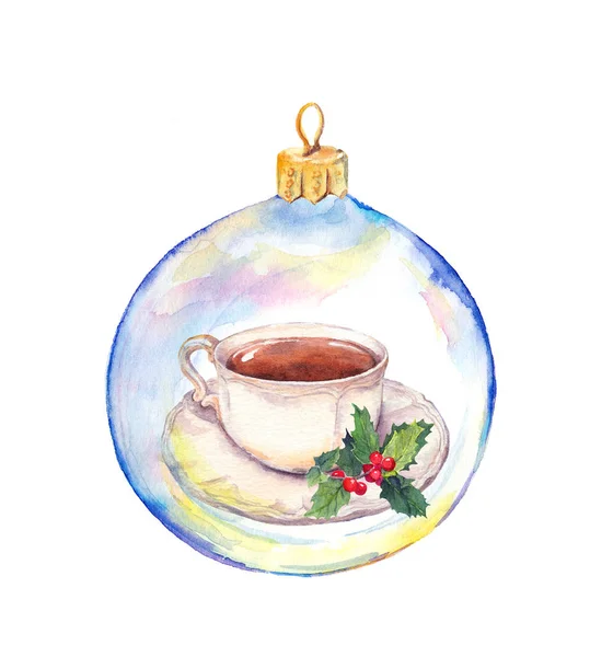 Christmas tea cup in transparent bauble and mistletoe. Watercolor — Stock Photo, Image