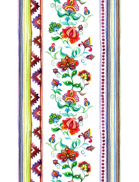 Handgemaakte motieven - herhalende floral stripe met zwarte broderie Oost-Europese bloemen, stroken. Aquarel — Stockfoto