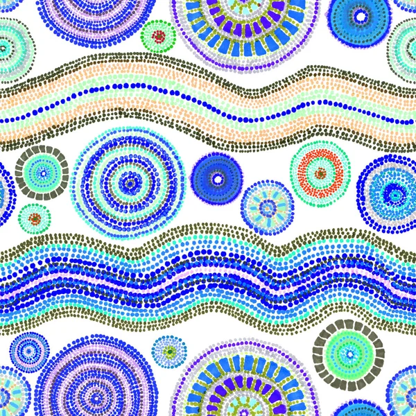 Στολίδι - μπλε κουκίδες, κύκλοι και κύματα. Σύγχρονη τέχνη στην αυστραλιανή Αβορίγινων στυλ. Επαναλαμβανόμενο υπόβαθρο. Χέρι Ζωγραφική — Φωτογραφία Αρχείου