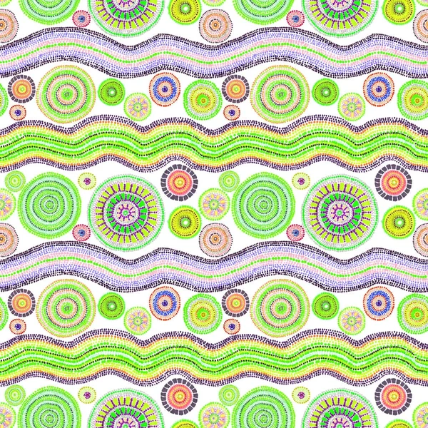 Australische ontwerp met stippen, cirkels en golven. Naadloze patroon. Schilderij van de hand — Stockfoto
