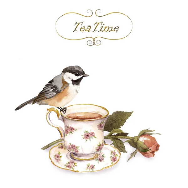 Cartão de convite vintage com design retro pássaro, xícara de chá, botão de flor de rosa na cor shabby — Fotografia de Stock